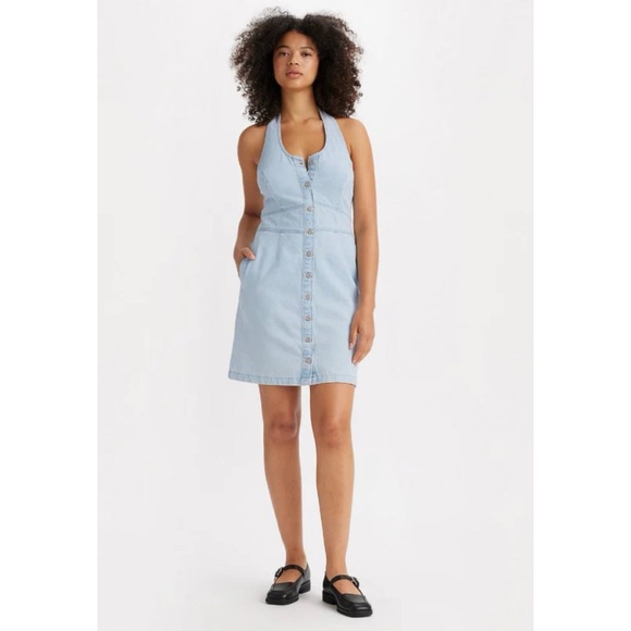 New Levis Janeesah Denim Jean Halter Short Mini Dress Button Light Wash Blue - Picture 1 of 13
